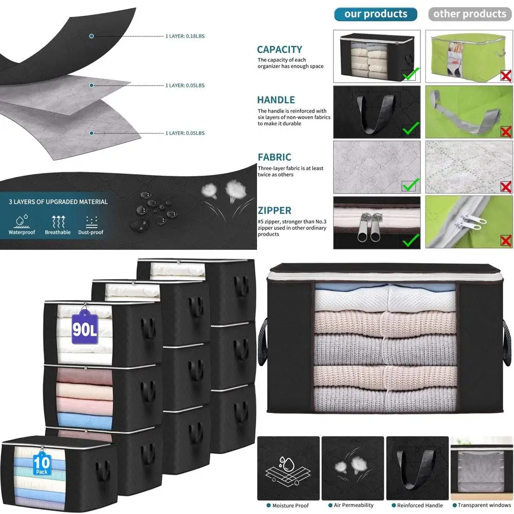 90L Large Capacity Storage Bags, 10-Pack Collapsible Cloth Storage Bins for Closets, Ideal for Clothes, Blankets, Bedding, and P
90L Large Capacity Storage Bags, 10-Pack Collapsible Cloth Storage Bins for Closets, Ideal for Clothes, Blankets, Bedding, and P