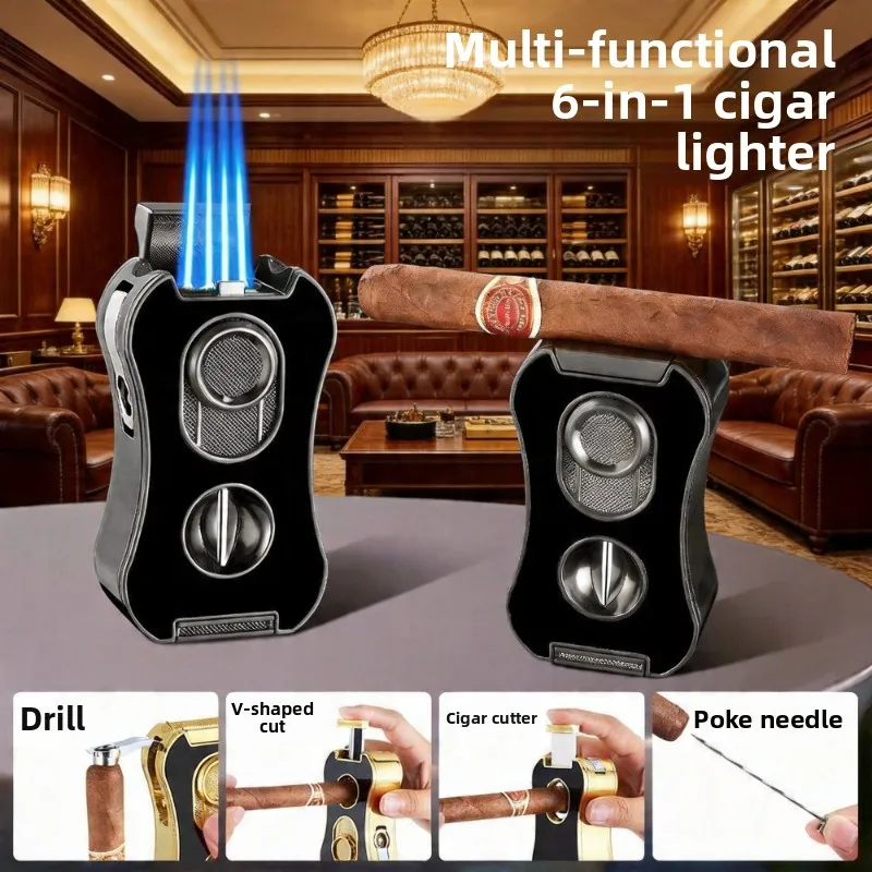 New Multifunctional 6-in-1 Cigar Metal Lighter with Four Flames and Windproof V-Shaped Scissors Men's High-end Gifts
New Multifunctional 6-in-1 Cigar Metal Lighter with Four Flames and Windproof V-Shaped Scissors Men's High-end Gifts