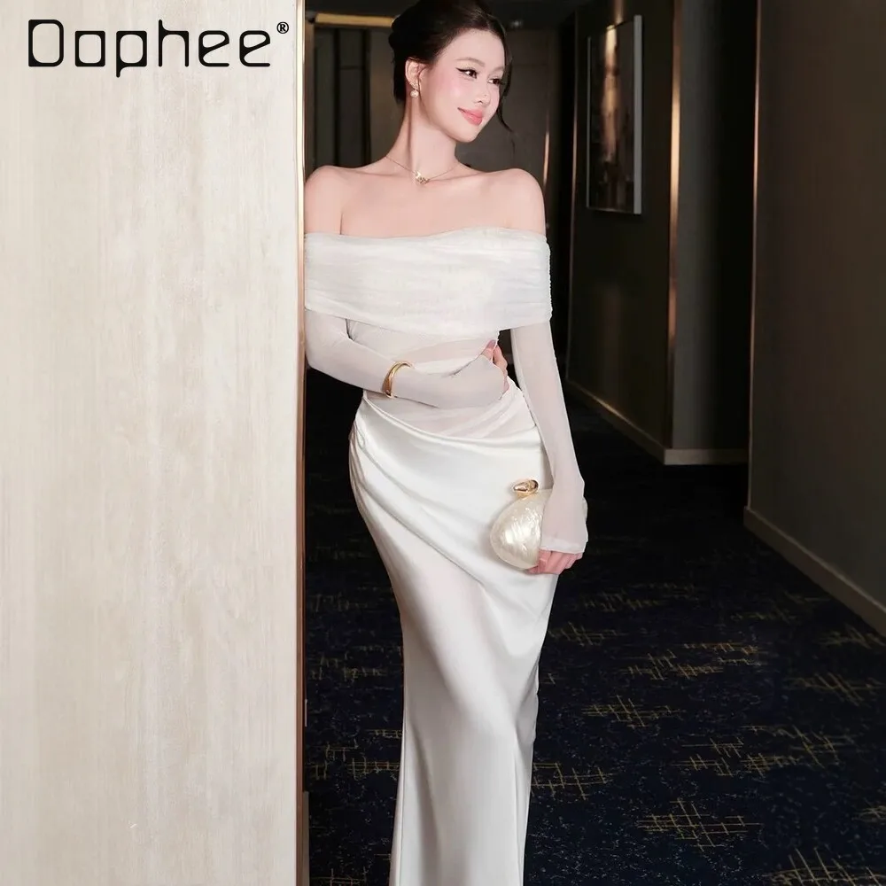 French Elegant Off Shoulder White Mesh Splicing Dress Women High-end Temperament Socialite Birthday Party Evening Dresses
French Elegant Off Shoulder White Mesh Splicing Dress Women High-end Temperament Socialite Birthday Party Evening Dresses