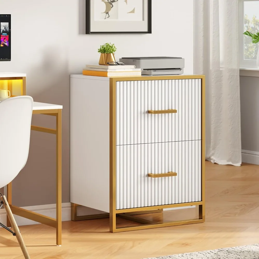 2 Drawer File Cabinet, Lateral Filing Cabinet for Home Office, White and Gold 
2 Drawer File Cabinet, Lateral Filing Cabinet for Home Office, White and Gold