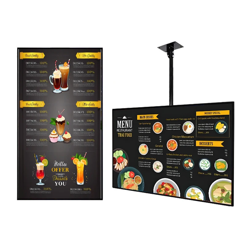 Restaurant remote control digital signage 75-inch indoor hanging LCD screen advertising installation menu board 
Restaurant remote control digital signage 75-inch indoor hanging LCD screen advertising installation menu board