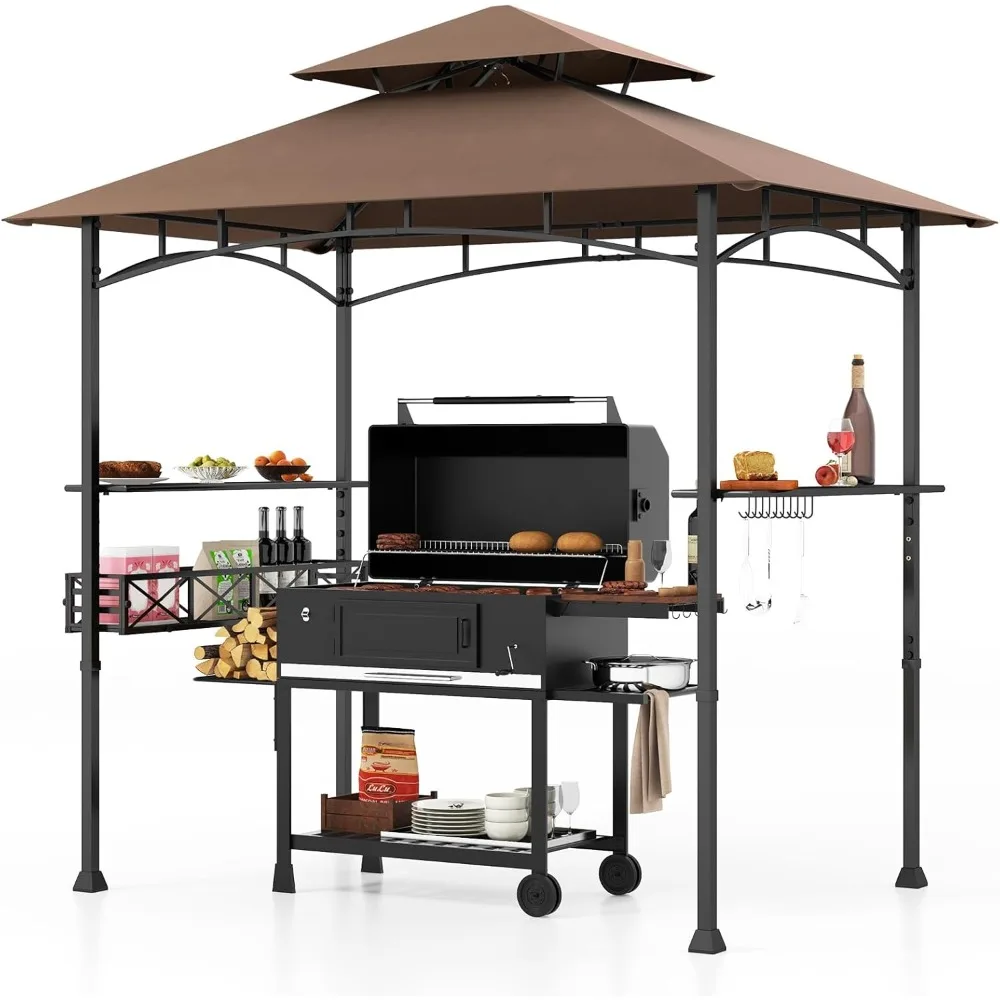 8 x 5 FT BBQ Grill Gazebo with 2 Side Shelves, Storage Basket, Hanging Hooks, Bottle Opener, Double-Tiered Top, Metal Frame, Ou
8 x 5 FT BBQ Grill Gazebo with 2 Side Shelves, Storage Basket, Hanging Hooks, Bottle Opener, Double-Tiered Top, Metal Frame, Ou