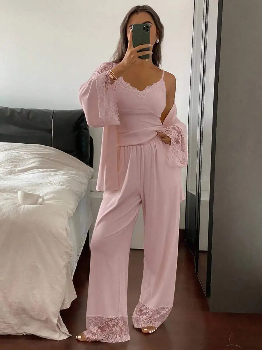3pcs Lace Patchwork Robe Camisole Top And Pants Women Sleepwear Pajama Set
3pcs Lace Patchwork Robe Camisole Top And Pants Women Sleepwear Pajama Set
