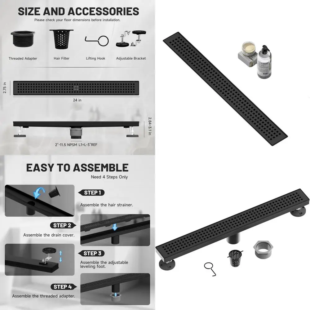 24-дюймовый матовый черный линейный душевой трап с решеткой под кирпич и уловителем волос для ванной комнаты и балкона
24-дюймовый матовый черный линейный душевой трап с решеткой под кирпич и уловителем волос для ванной комнаты и балкона