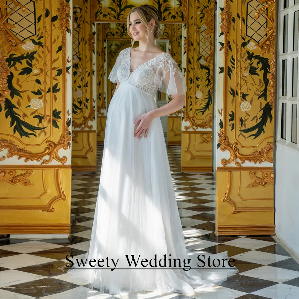 Pregnant Bride Wedding Dress Customized V Neck Flare Sleeves Beading Applique Tulle A Line Sweep Train Corset Bridal Gown
Pregnant Bride Wedding Dress Customized V Neck Flare Sleeves Beading Applique Tulle A Line Sweep Train Corset Bridal Gown