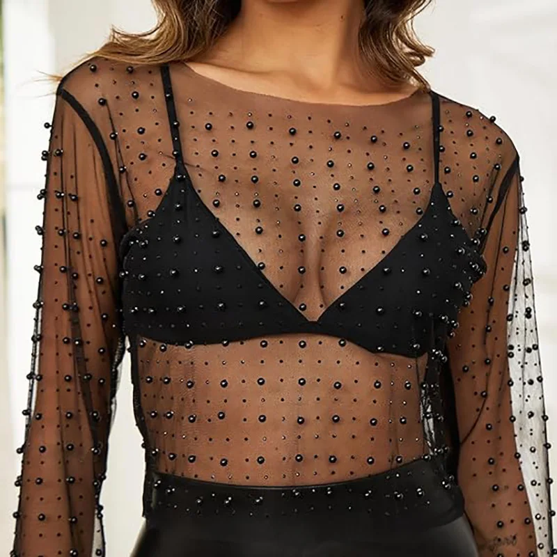Spring And Summer Hot Diamond Pearl T-shirt Transparent Short Top Long Sleeve Slim Tailoring Women's Y2k Street Clothing
Spring And Summer Hot Diamond Pearl T-shirt Transparent Short Top Long Sleeve Slim Tailoring Women's Y2k Street Clothing