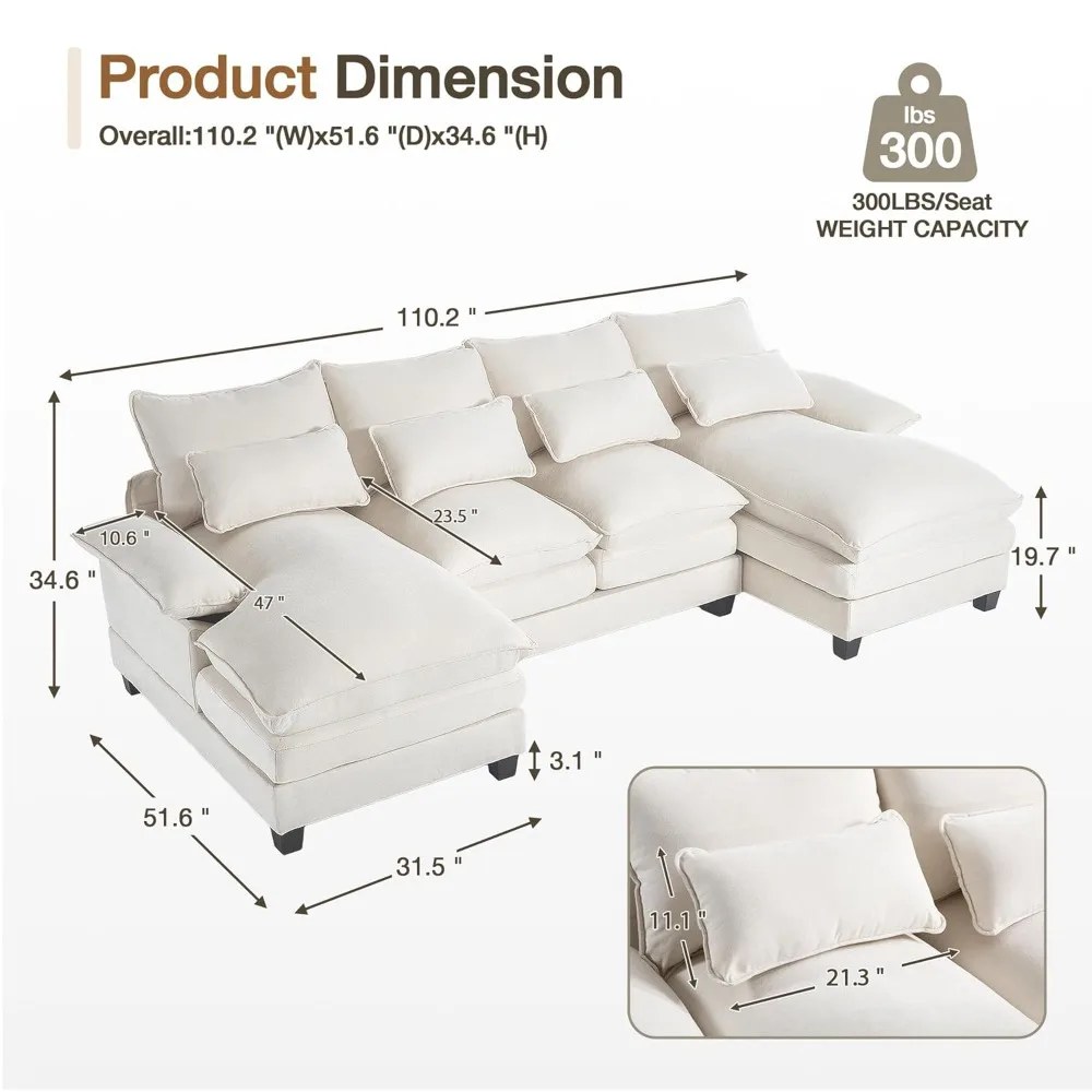 110.2" Modular U Shaped Cloud Couch, Modern 4-Seat Chenille Upholstery Sectional Sofa with Double Chaise & Double, Customized
110.2" Modular U Shaped Cloud Couch, Modern 4-Seat Chenille Upholstery Sectional Sofa with Double Chaise & Double, Customized