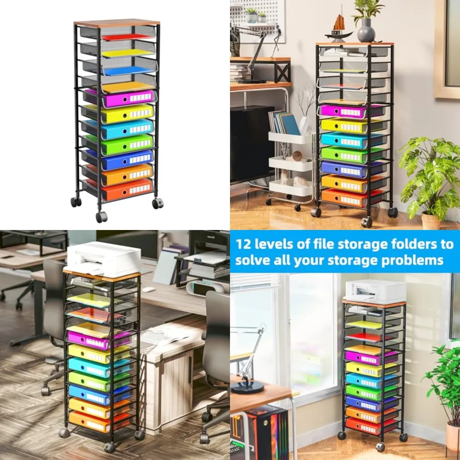 12 Tier Rolling File Cart, Wood Desk File Organizer with Sliding Trays and Wetal Mesh Paper Letter Storage Multi-Functional Rol