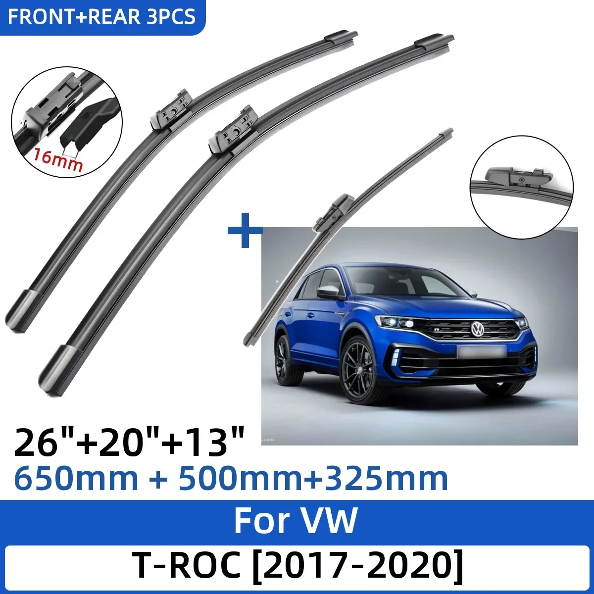 3PCS Front Rear Wiper Blades For VW T-Roc 2017-2020 26"+20"+13" Windshield Windscreen Window Cutter Accessories 2018 2019 2020
3PCS Front Rear Wiper Blades For VW T-Roc 2017-2020 26"+20"+13" Windshield Windscreen Window Cutter Accessories 2018 2019 2020