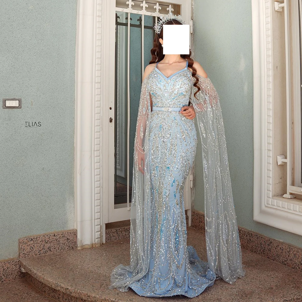 Tulle Spaghetti Straps Long Sleeves V Neck Floor Length Evening Dress Straight Blue Elegant Watteau Train Party Gowns 2024
Tulle Spaghetti Straps Long Sleeves V Neck Floor Length Evening Dress Straight Blue Elegant Watteau Train Party Gowns 2024