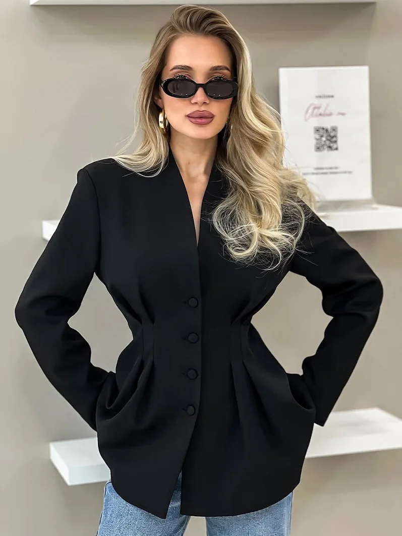 Elegant Women Blazer Jacket Slim Fit Fashion V Neck Single Breasted Black Suit Autumn Office Lady Commute Outerwear Streetwear
Elegant Women Blazer Jacket Slim Fit Fashion V Neck Single Breasted Black Suit Autumn Office Lady Commute Outerwear Streetwear