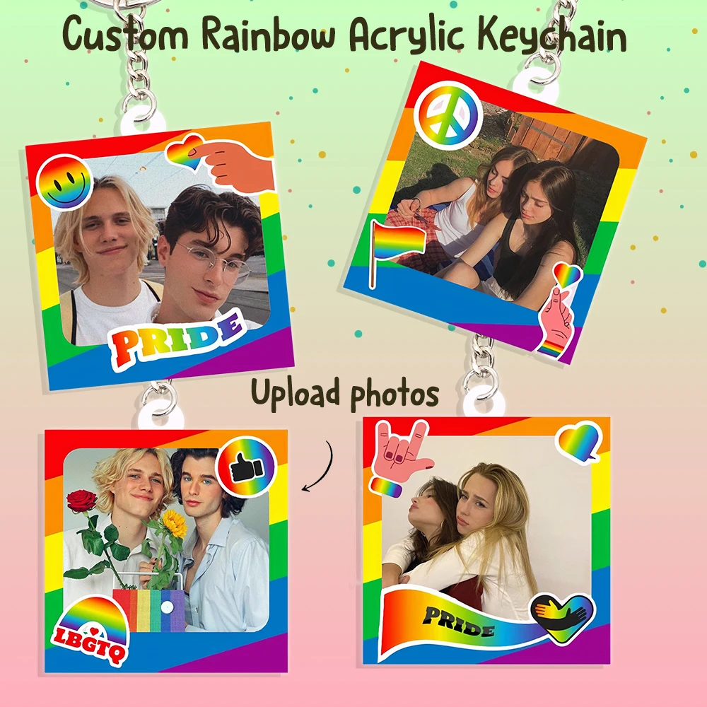 Персонализированный стильный акриловый брелок с рамкой радужного элемента, загрузка фотографий, подарок на месяц гордости, креативные брелки
Персонализированный стильный акриловый брелок с рамкой радужного элемента, загрузка фотографий, подарок на месяц гордости, креативные брелки