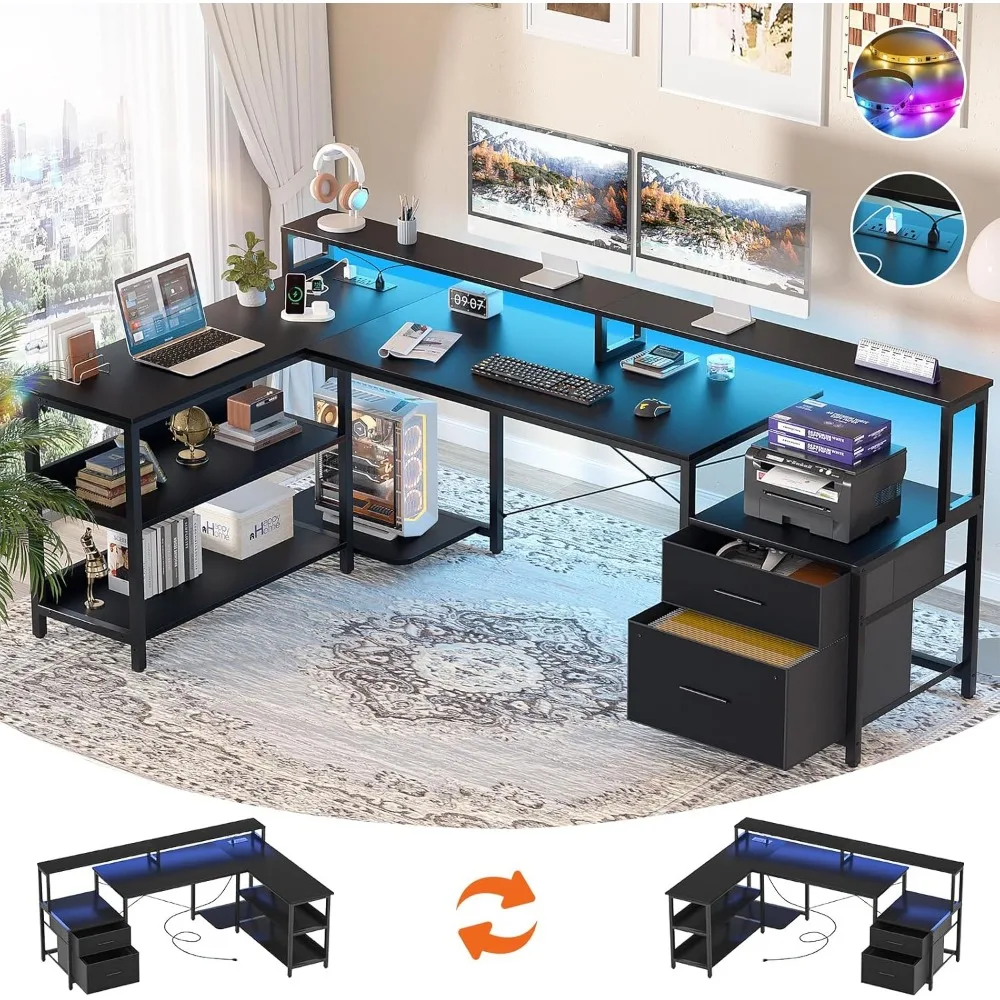 L Shaped Desk with File Drawer, 66" Reversible L Shaped Computer Desk with Power Outlet & LED Strip, Gaming Desk with Long Moni
L Shaped Desk with File Drawer, 66" Reversible L Shaped Computer Desk with Power Outlet & LED Strip, Gaming Desk with Long Moni