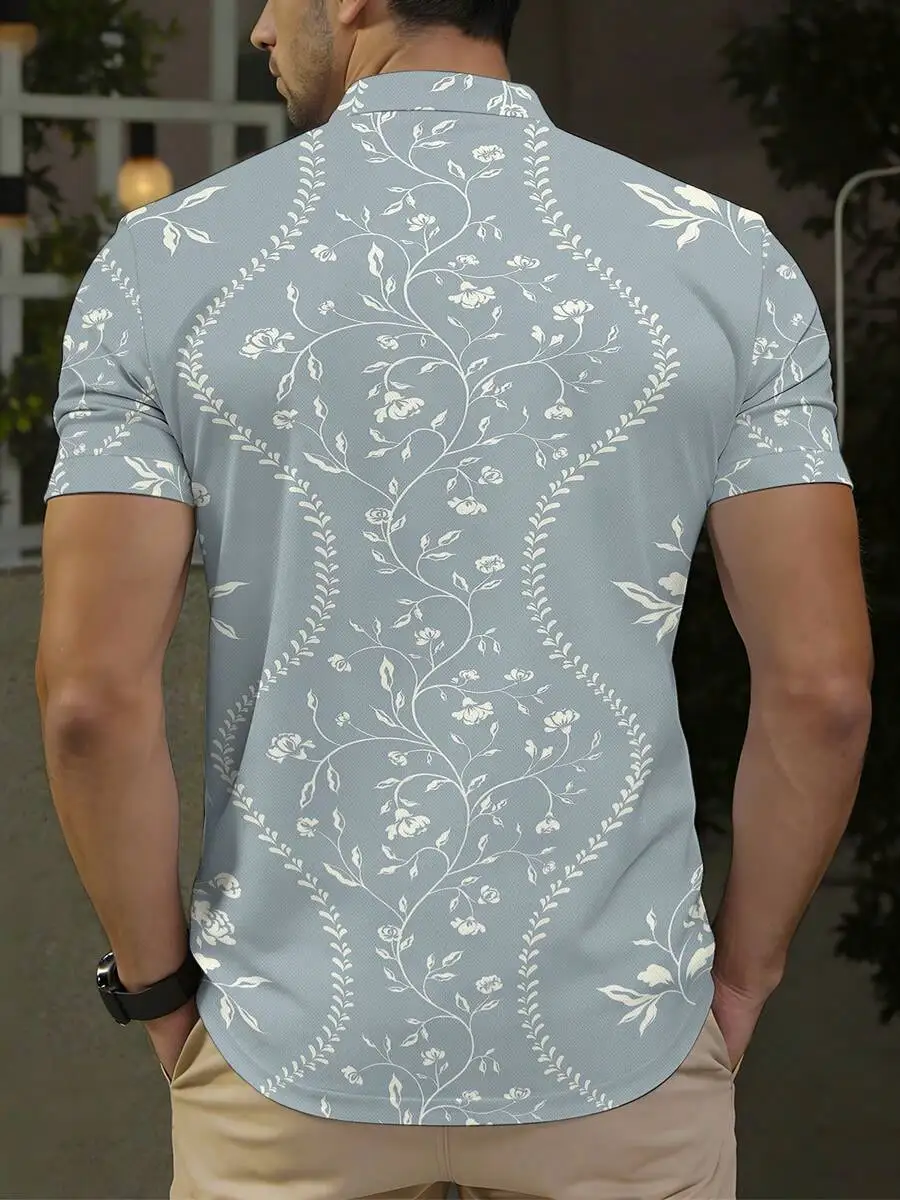 Mens Stand Collar Shirt With White Floral Vine Print Light Gray Blue Casual Summer Top
Mens Stand Collar Shirt With White Floral Vine Print Light Gray Blue Casual Summer Top