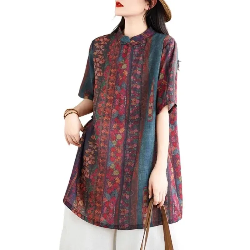 Women's Retro Floral Print Chinese-Style Stand Collar Half-Sleeve Loose Tunic Top With Frog Closure For Casual Daily Wear
Women's Retro Floral Print Chinese-Style Stand Collar Half-Sleeve Loose Tunic Top With Frog Closure For Casual Daily Wear