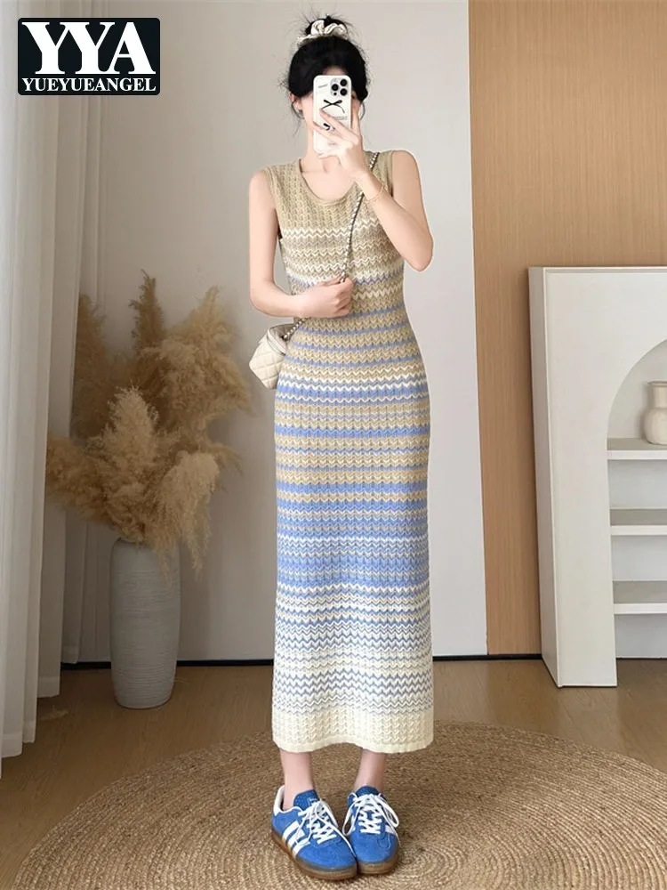 Ladies Summer Knit Thin Style Gradient Sleeveless Dress Hollow Out Striped Ankle Length Dresses O Neck A-Line Slim Long Dresses
Ladies Summer Knit Thin Style Gradient Sleeveless Dress Hollow Out Striped Ankle Length Dresses O Neck A-Line Slim Long Dresses