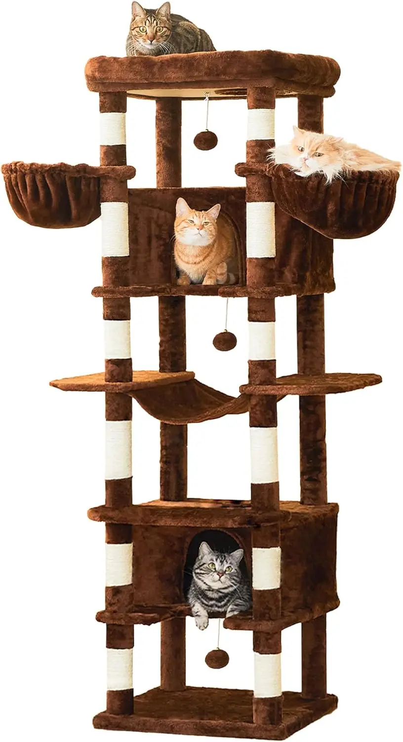 67.7-Inch Large Cat Tree for Indoor Cats, Multi-Level Cat Tower with 2 Condos, 3 Hammocks, Scratching Posts, Dangling Toy, Brown
67.7-Inch Large Cat Tree for Indoor Cats, Multi-Level Cat Tower with 2 Condos, 3 Hammocks, Scratching Posts, Dangling Toy, Brown