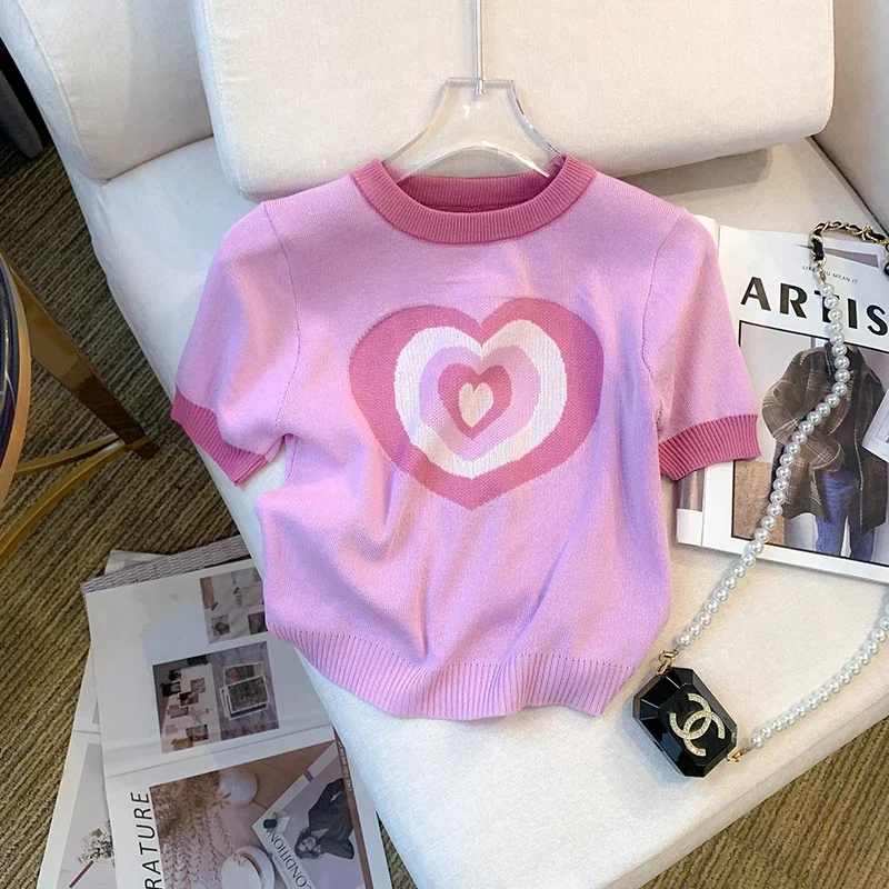 Summer Ice silk Knit Sweater T-shirt Women Fashion Casual Sweet Love Heart Print Pullover Short Sleeve Loose Ladies Tops V1301
Summer Ice silk Knit Sweater T-shirt Women Fashion Casual Sweet Love Heart Print Pullover Short Sleeve Loose Ladies Tops V1301