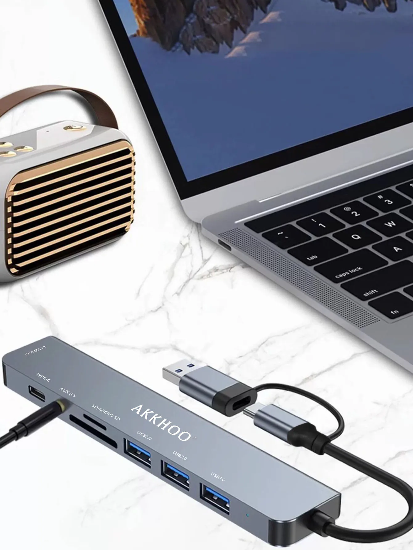 Eight-in-one dual-port smart docking station, fast USB3.0 transfer, aluminum alloy material, dual SD/TF card slots
Eight-in-one dual-port smart docking station, fast USB3.0 transfer, aluminum alloy material, dual SD/TF card slots