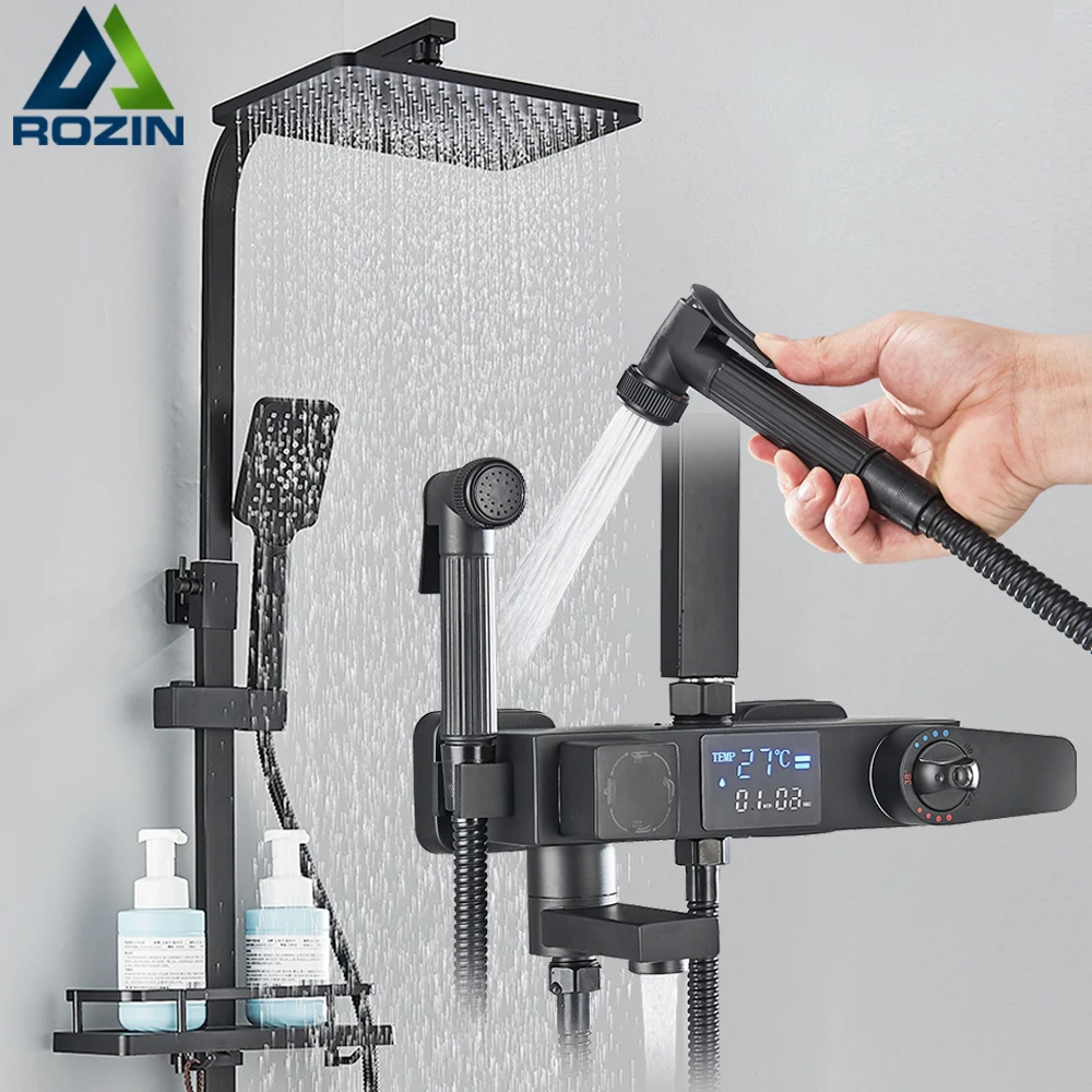 Black Digital Display Thermostatic Shower Faucet Bathroom Thermostatic 4 ways Rainfall Shower Mixer Tap,Shelf and Bidet Faucets
Black Digital Display Thermostatic Shower Faucet Bathroom Thermostatic 4 ways Rainfall Shower Mixer Tap,Shelf and Bidet Faucets