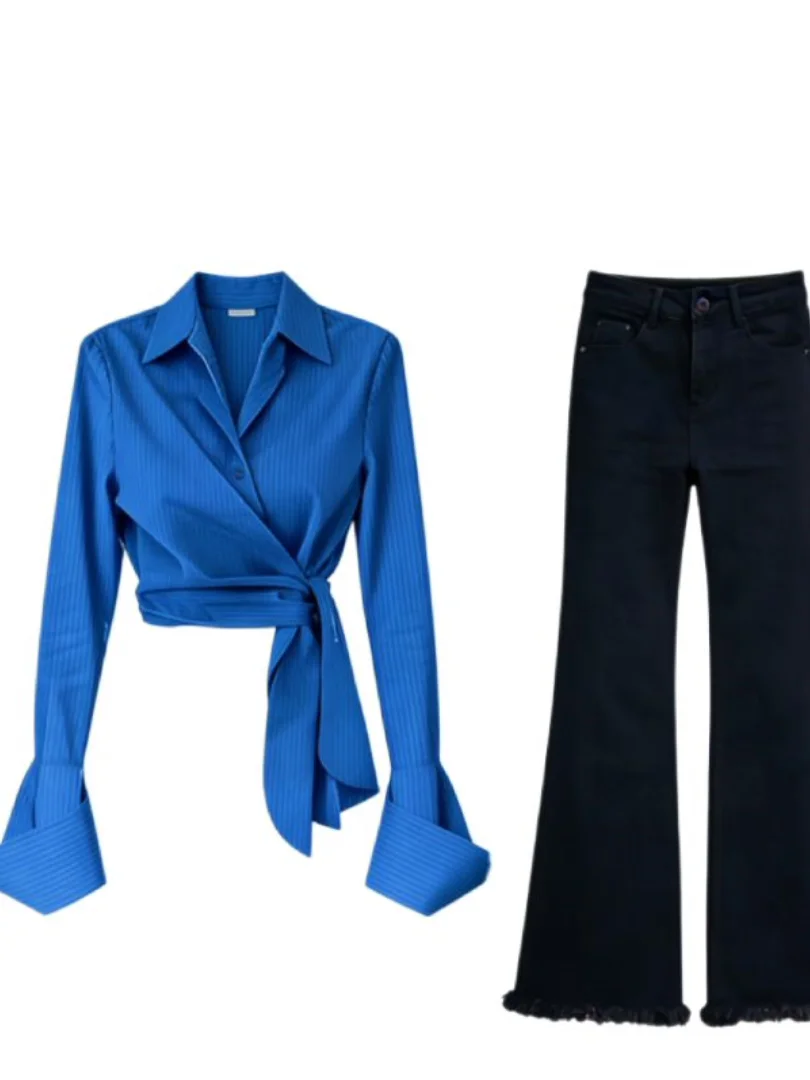 Blue Belted Shirt And Micro Flared Pants Two Piece Set Women's Commute Style Slim Fit Ensemble Fashionable Office Look
Blue Belted Shirt And Micro Flared Pants Two Piece Set Women's Commute Style Slim Fit Ensemble Fashionable Office Look