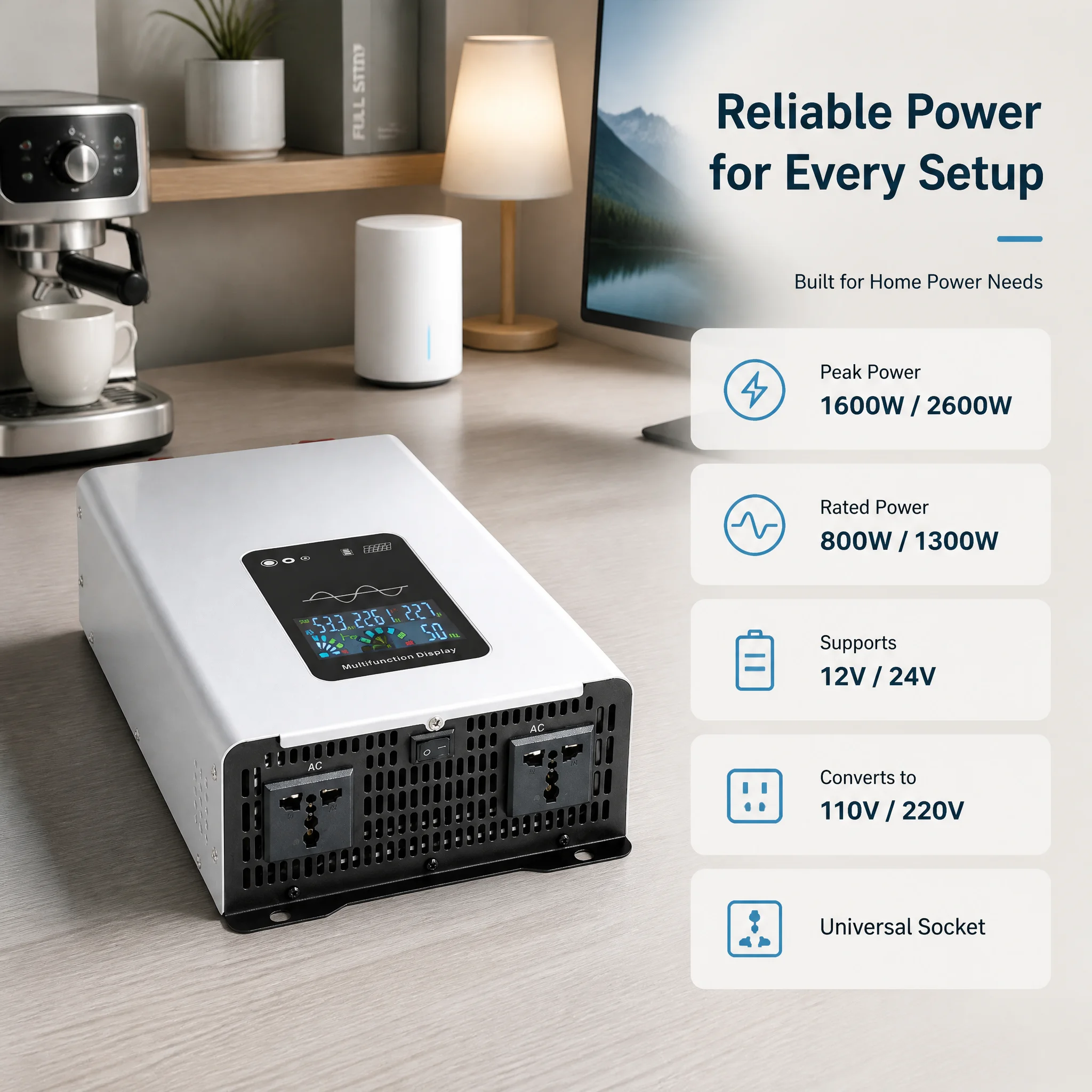 Pure Sine Wave Inverter 1600W/2600W/3000W, 12V DC to 110V/220V AC Power Converter with LCD Display, US Outlet for Car RV Camping
Pure Sine Wave Inverter 1600W/2600W/3000W, 12V DC to 110V/220V AC Power Converter with LCD Display, US Outlet for Car RV Camping