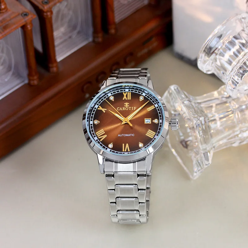 A men's silver-brown steel band minimalist casual analog date automatic mechanical watch
A men's silver-brown steel band minimalist casual analog date automatic mechanical watch