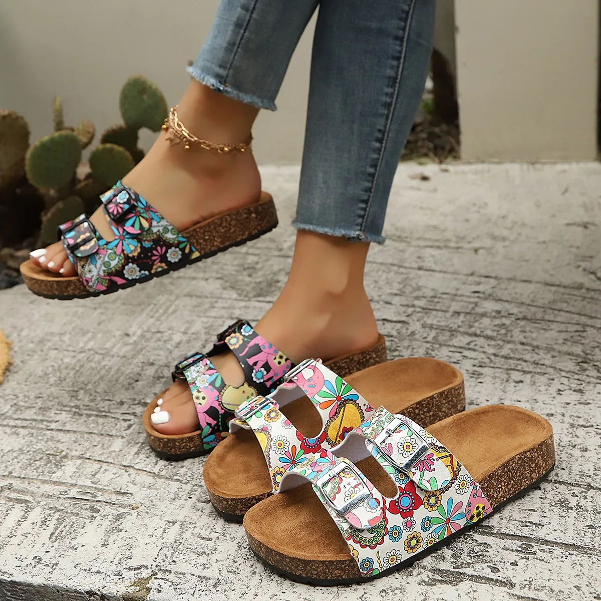 Summer Women Cork Platform graffiti colorful glitter belt double buckle Slippers Fashion Outdoor Anti Slip Beach Sandals Slides
Summer Women Cork Platform graffiti colorful glitter belt double buckle Slippers Fashion Outdoor Anti Slip Beach Sandals Slides