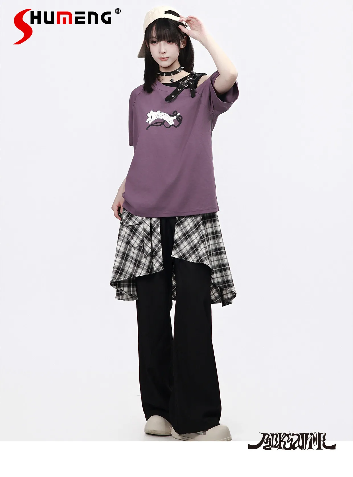 2026 Summer Harajuku Punk Style Streetwear PU Buckle Off-Shoulder Short Sleeve T-Shirt High Waist Seal Irregular Pant Sets Women
2026 Summer Harajuku Punk Style Streetwear PU Buckle Off-Shoulder Short Sleeve T-Shirt High Waist Seal Irregular Pant Sets Women