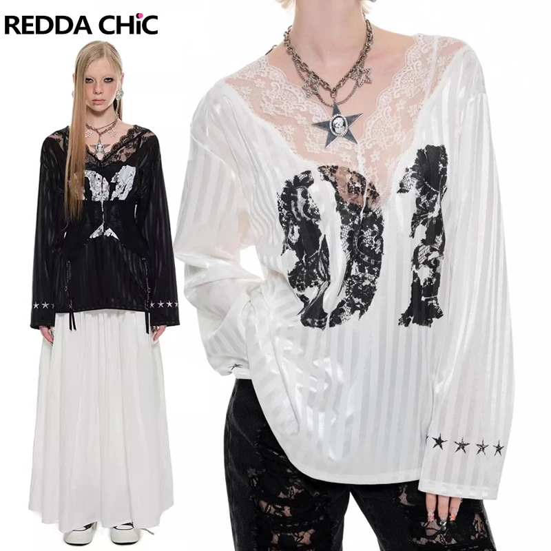 Майка ReddaChic Number #01 Женская с длинным рукавом, свободная полосатая атласная винтажная ажурная Кружевная футболка с V-образным вырезом, Спортивная повседневная одежда
Майка ReddaChic Number #01 Женская с длинным рукавом, свободная полосатая атласная винтажная ажурная Кружевная футболка с V-образным вырезом, Спортивная повседневная одежда