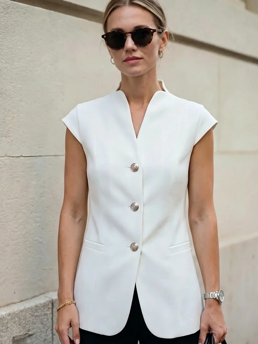 White V-Neck Vest Blazer Women Elegant Rhinestone Button Sleeveless Waistcoat Formal Office Suit Top
White V-Neck Vest Blazer Women Elegant Rhinestone Button Sleeveless Waistcoat Formal Office Suit Top