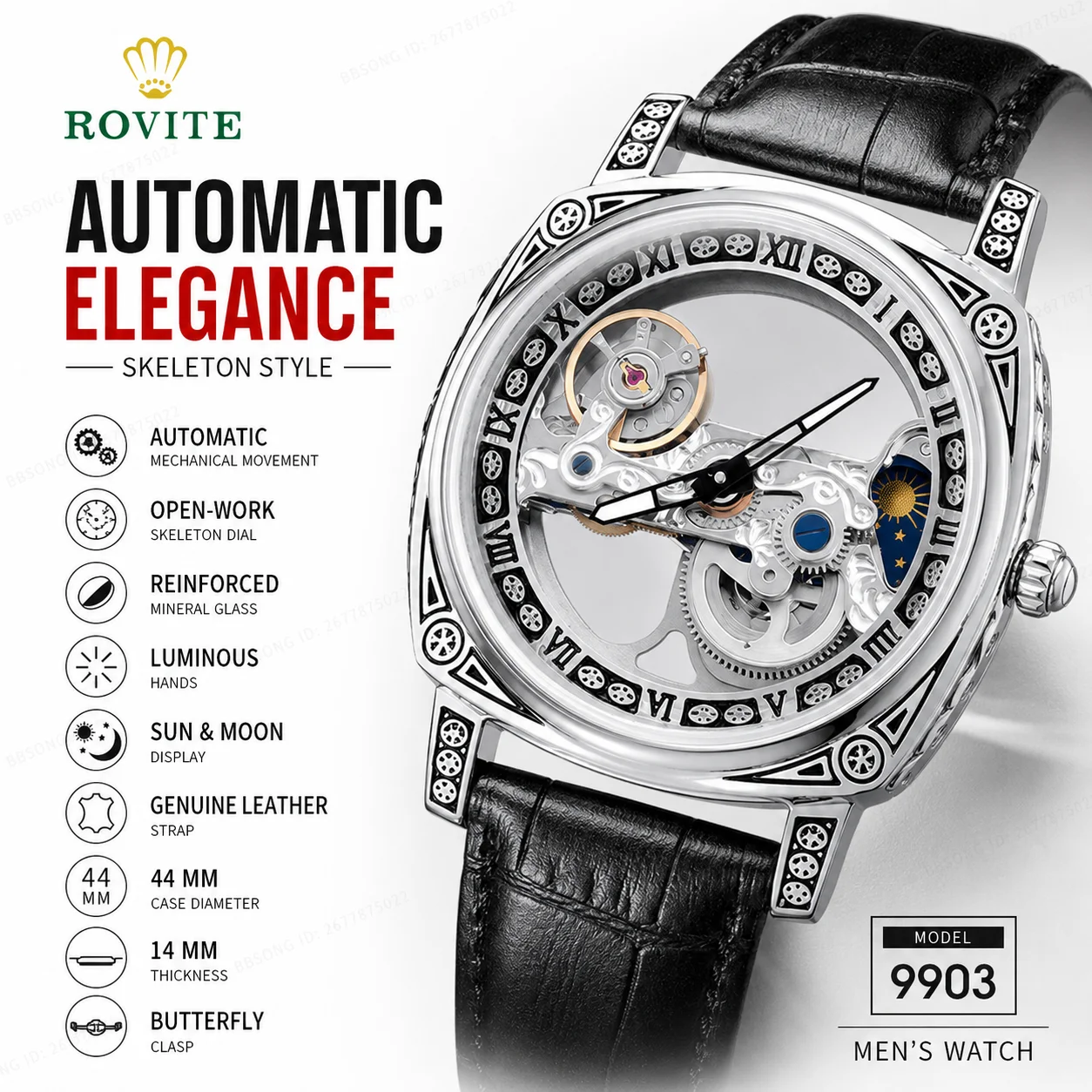 ROVITE Men's Automatic Mechanical Skeleton Watch 44mm Silver Case Black Genuine Leather Strap Sun Moon Display Luminous Reinforc
ROVITE Men's Automatic Mechanical Skeleton Watch 44mm Silver Case Black Genuine Leather Strap Sun Moon Display Luminous Reinforc