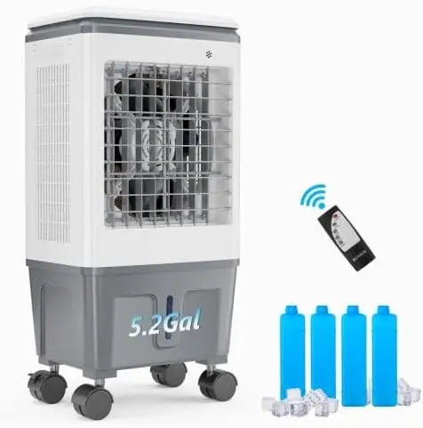 5.2Gal 1400CFM Evaporative Air Cooler, Portable Swamp Cooler 3-in-1 Cooling Fan with Remote Control, 12H Timer, 4 Ice Boxes, 3 Speeds, Humidifying & Oscillating for Indoor Outdoor Use
5.2Gal 1400CFM Evaporative Air Cooler, Portable Swamp Cooler 3-in-1 Cooling Fan with Remote Control, 12H Timer, 4 Ice Boxes, 3 Speeds, Humidifying & Oscillating for Indoor Outdoor Use