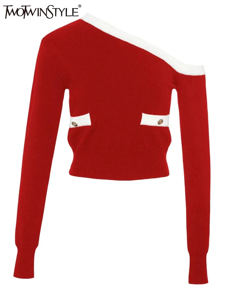 TWOTWINSTYLE Colorblock Elegant Spliced Button Sweater For Women Diagonal Collar Long Sleeve Slimming Knitted Sweaters Female
TWOTWINSTYLE Colorblock Elegant Spliced Button Sweater For Women Diagonal Collar Long Sleeve Slimming Knitted Sweaters Female