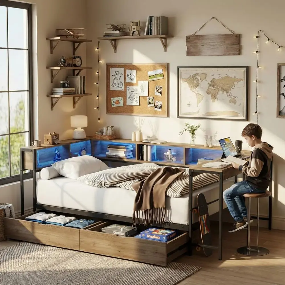Twin Bed with Desk, Storage, Bookcase, L-Shaped Daybed, LED Lights, Charging Stations for Kids/Teens Bedroom in Brown
Twin Bed with Desk, Storage, Bookcase, L-Shaped Daybed, LED Lights, Charging Stations for Kids/Teens Bedroom in Brown