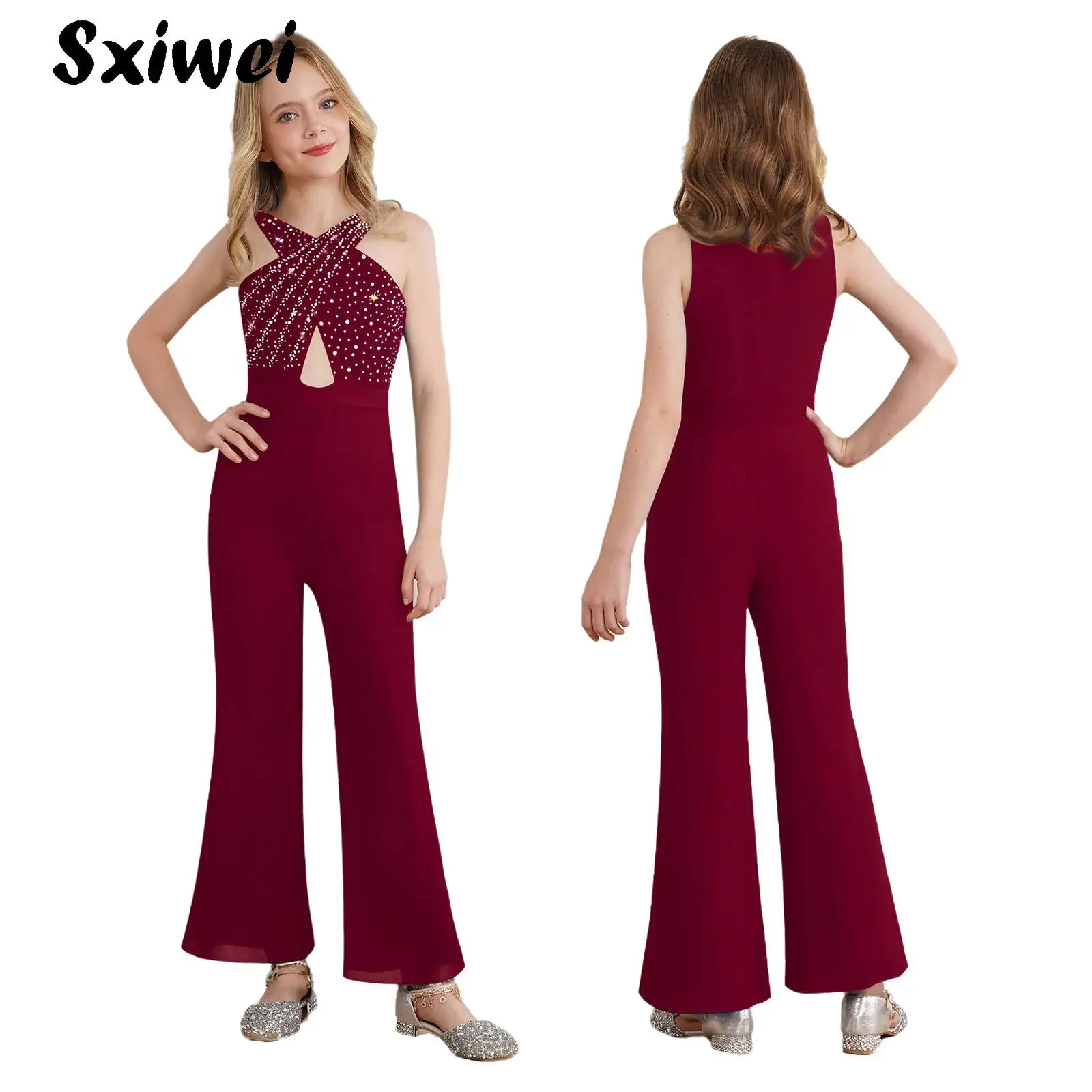 Kids Girls Shiny Rhinestones Jumpsuit for Teen Party Wedding Pageant Prom Sleeveless Cross Collar One Piece Bodysuit Rompers
Kids Girls Shiny Rhinestones Jumpsuit for Teen Party Wedding Pageant Prom Sleeveless Cross Collar One Piece Bodysuit Rompers