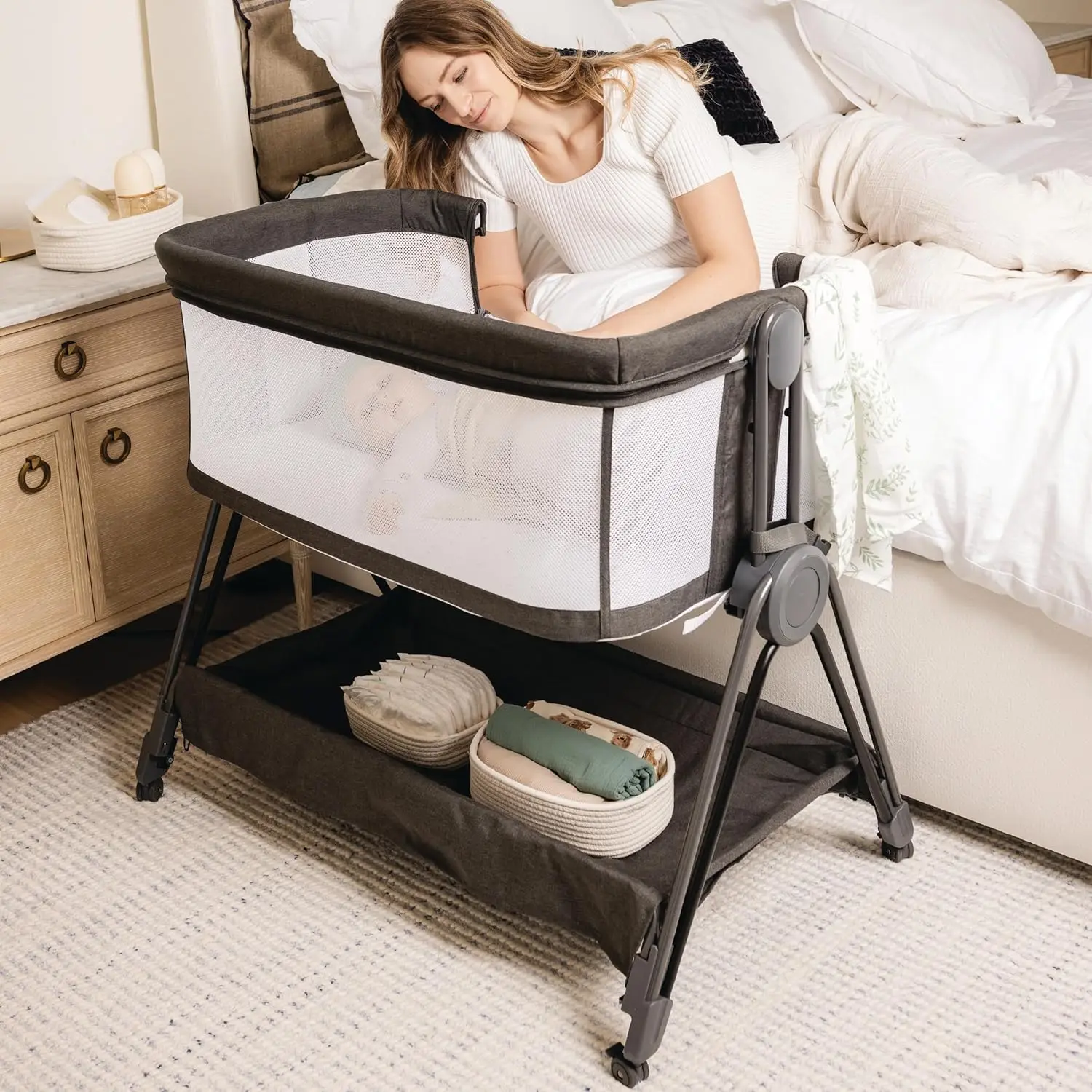 Baby Bedside Sleeper - Bassinet & Bedside Crib with Height Adjustment & Wheels - Can Be Placed Next to Bed - Attaches to Parents
Baby Bedside Sleeper - Bassinet & Bedside Crib with Height Adjustment & Wheels - Can Be Placed Next to Bed - Attaches to Parents
