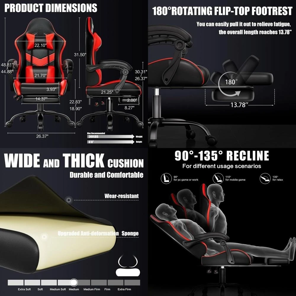 Эргономичное игровое кресло с подставкой для ног, массажем поясничной зоне, высокой спинкой, регулируемым наклоном и высотой, красное
Эргономичное игровое кресло с подставкой для ног, массажем поясничной зоне, высокой спинкой, регулируемым наклоном и высотой, красное