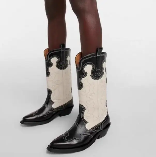 New Black White Genuine Leather Mixed Color Retro Pointed Toe 5 CM Square Heels V Open Front Tube Slip On Mid-calf Boots Shoes
New Black White Genuine Leather Mixed Color Retro Pointed Toe 5 CM Square Heels V Open Front Tube Slip On Mid-calf Boots Shoes
