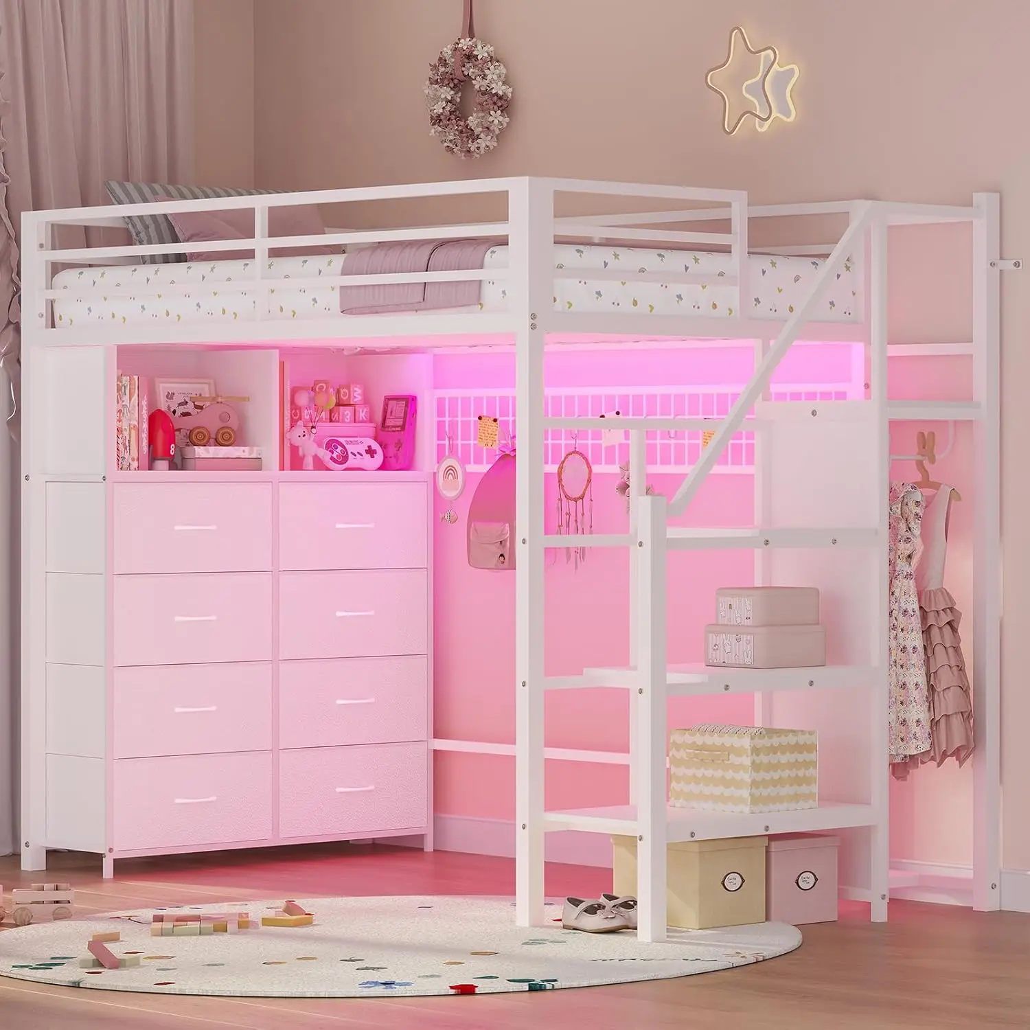 Twin Size Loft Bed with Storage Stairs 8 Drawers Metal Kids Loft Bed Twin with LED Lights Power Outlet Shelves and Wardrobe 13
Twin Size Loft Bed with Storage Stairs 8 Drawers Metal Kids Loft Bed Twin with LED Lights Power Outlet Shelves and Wardrobe 13