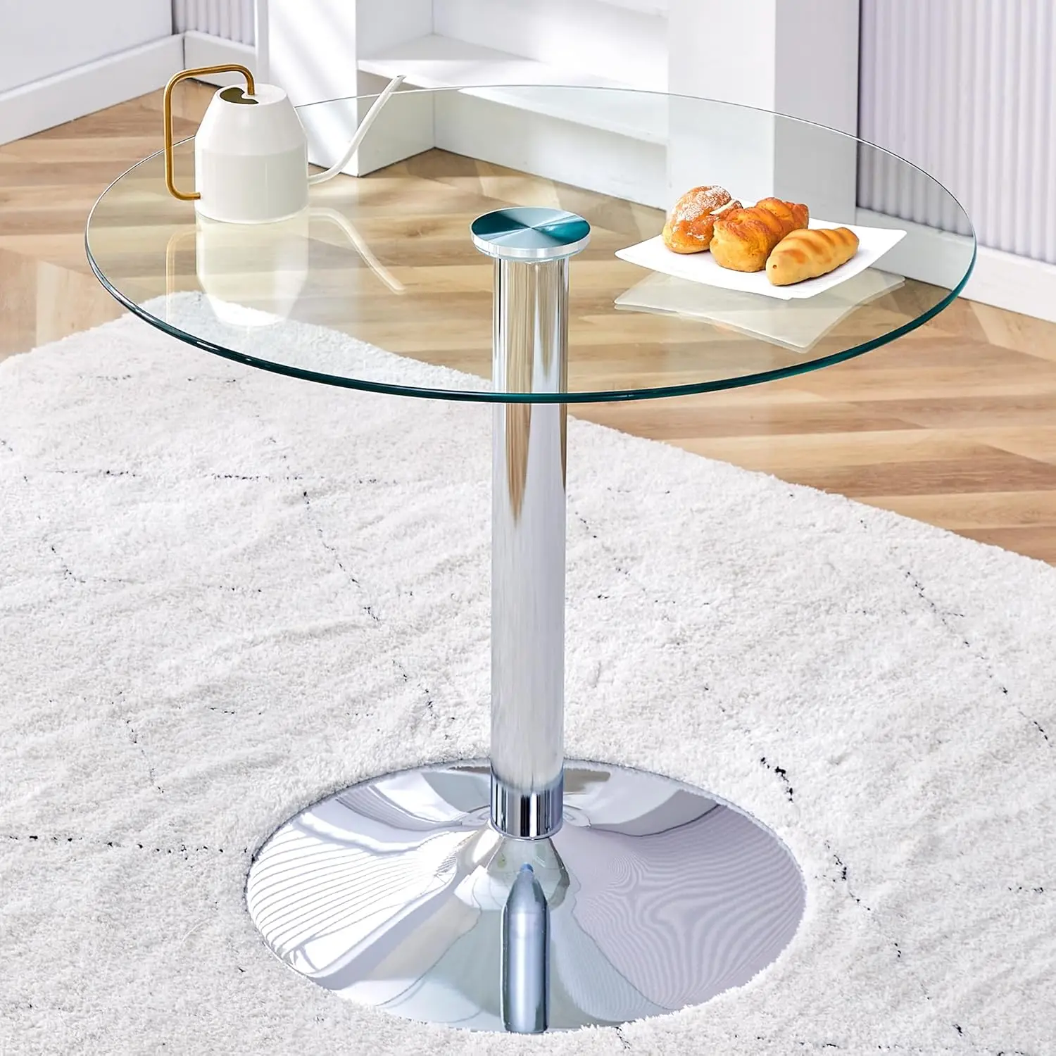 35" Round Tempered Glass Dining Table, Chrome Base, Space-Saving for Kitchen
35" Round Tempered Glass Dining Table, Chrome Base, Space-Saving for Kitchen