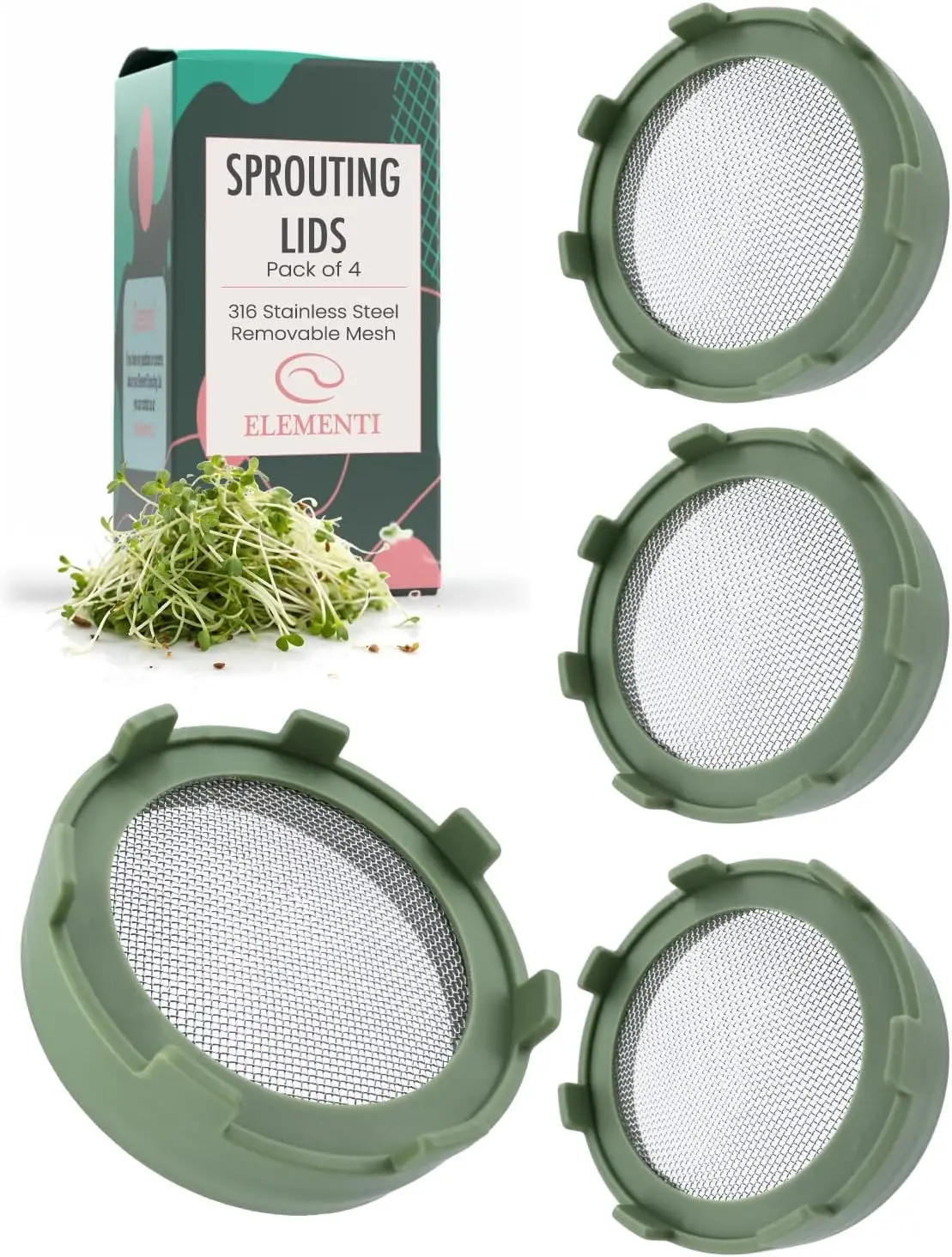 Sprouting Lids for Wide Mouth Mason Jars (Set of 4) - 316 Stainless Steel Mesh Strainer Lid for Growing Alfalfa & Mung Bean Sprouts, Sage Green
Sprouting Lids for Wide Mouth Mason Jars (Set of 4) - 316 Stainless Steel Mesh Strainer Lid for Growing Alfalfa & Mung Bean Sprouts, Sage Green