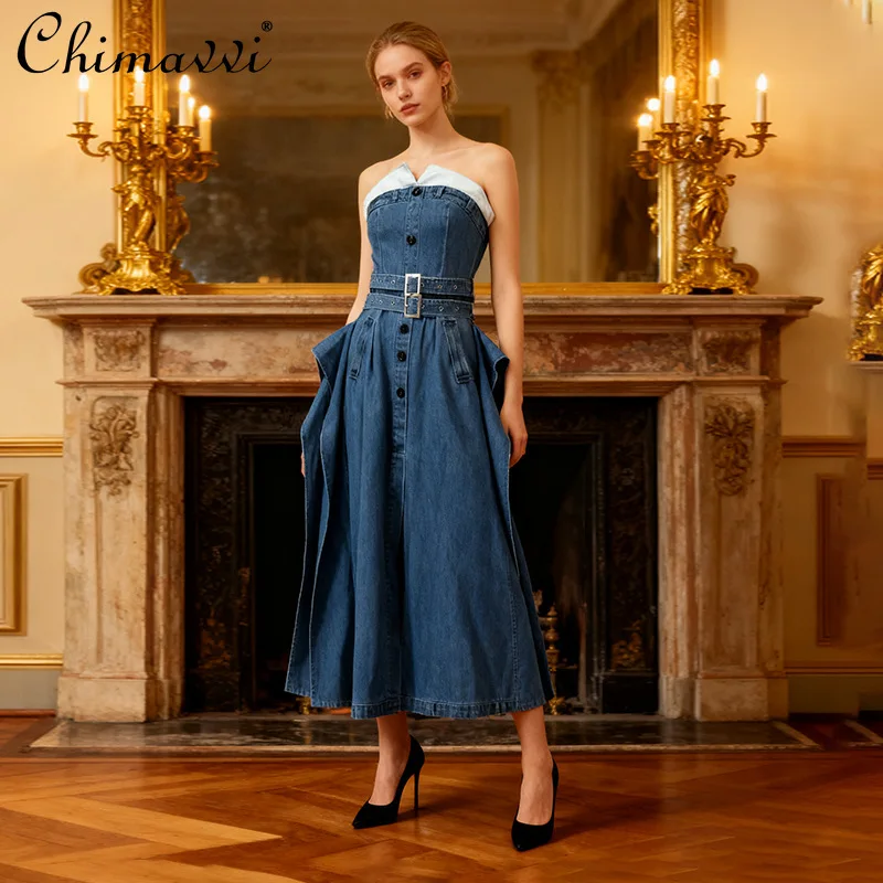 American Elegant Vintage Sexy Denim Dress Sleeveless Spliced Strapless Single-Breasted High Waist Slim A-Line Long Dress Women
American Elegant Vintage Sexy Denim Dress Sleeveless Spliced Strapless Single-Breasted High Waist Slim A-Line Long Dress Women