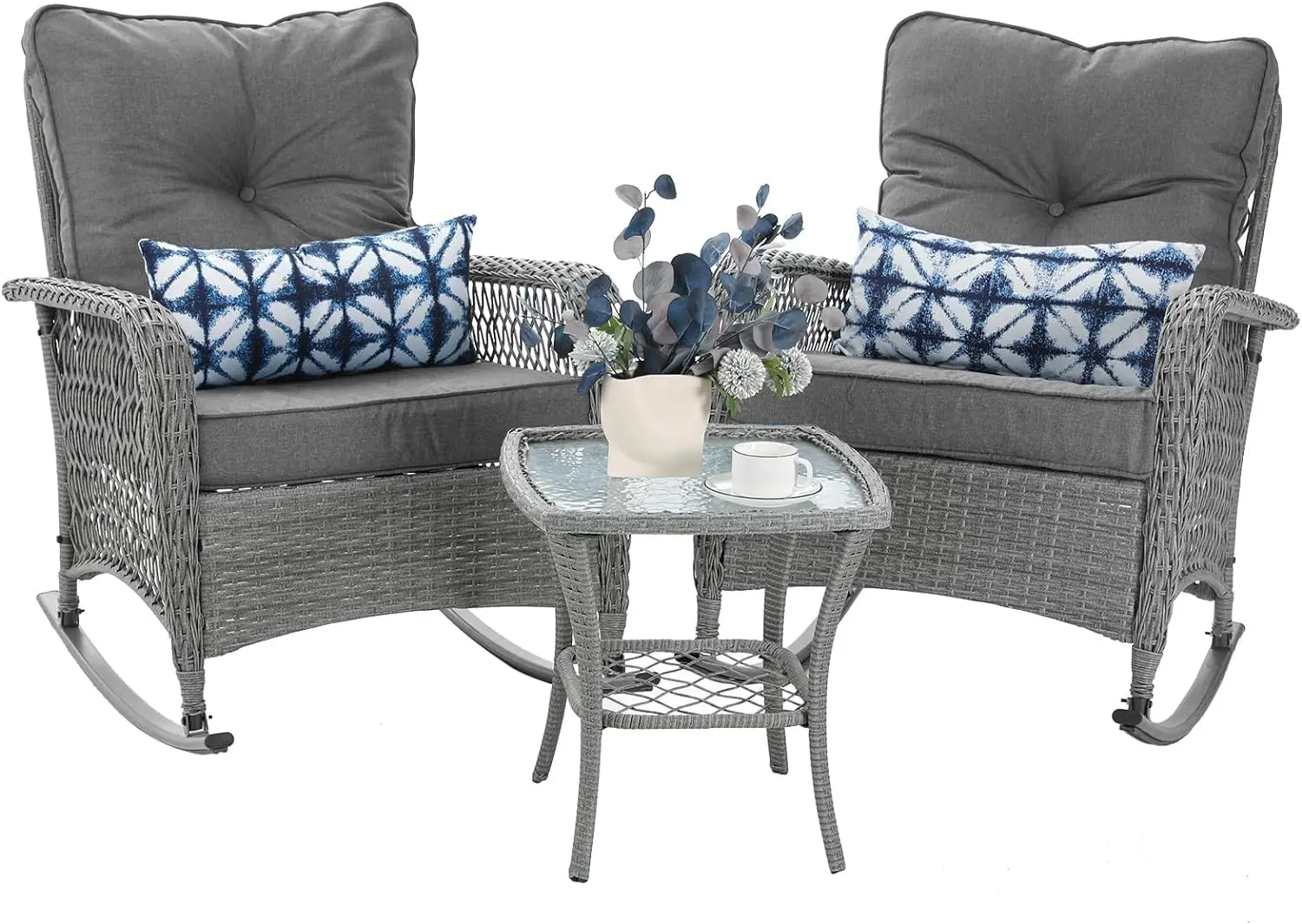 3 Piece Wicker Rocking Bistro Set Thick Cushioned Chairs Coffee Table Porch Backyard Garden Grey, Customized
3 Piece Wicker Rocking Bistro Set Thick Cushioned Chairs Coffee Table Porch Backyard Garden Grey, Customized