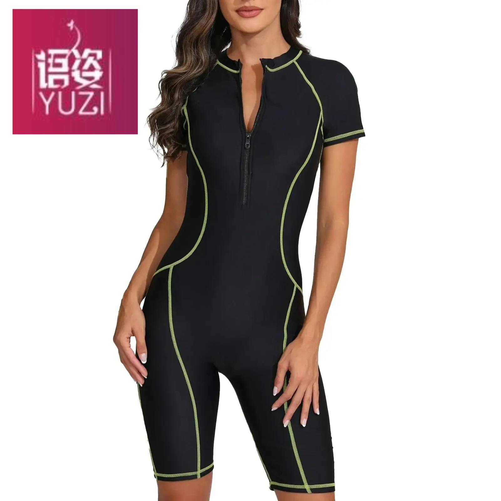 Women One-piece Boyleg Athletic Swimsuit Short Sleeve Color Contrast Padded Front Zipper Swimwear Beach Surfing Suit Rash Guard
Women One-piece Boyleg Athletic Swimsuit Short Sleeve Color Contrast Padded Front Zipper Swimwear Beach Surfing Suit Rash Guard