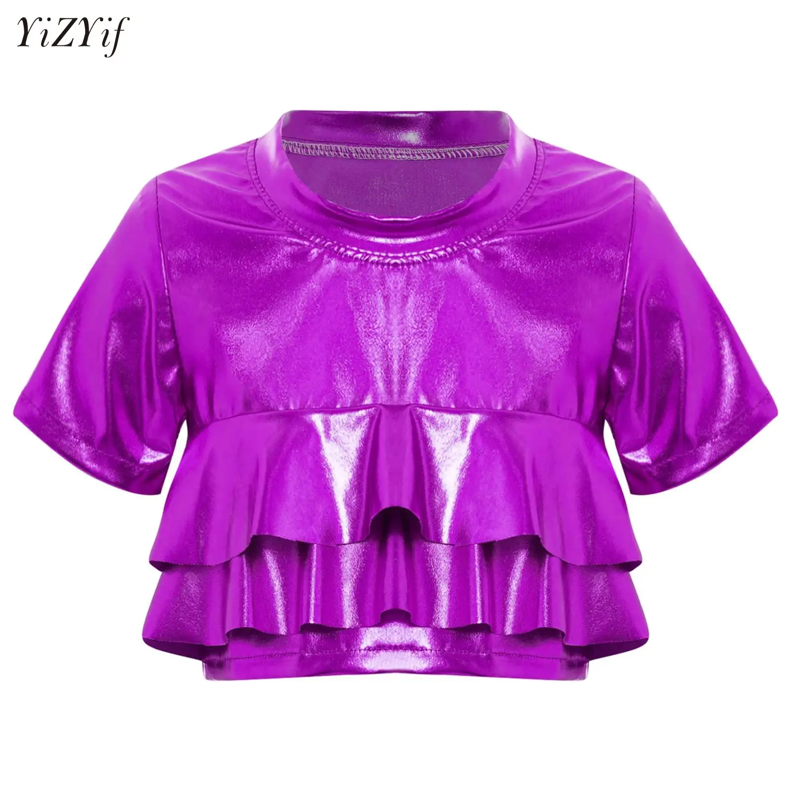 Kids Girls Dance T-shirt Metallic Ruffled Short Sleeves Crop Top for Cheerleading Hip-Hop Jazz Dance Performance Party Tees
Kids Girls Dance T-shirt Metallic Ruffled Short Sleeves Crop Top for Cheerleading Hip-Hop Jazz Dance Performance Party Tees