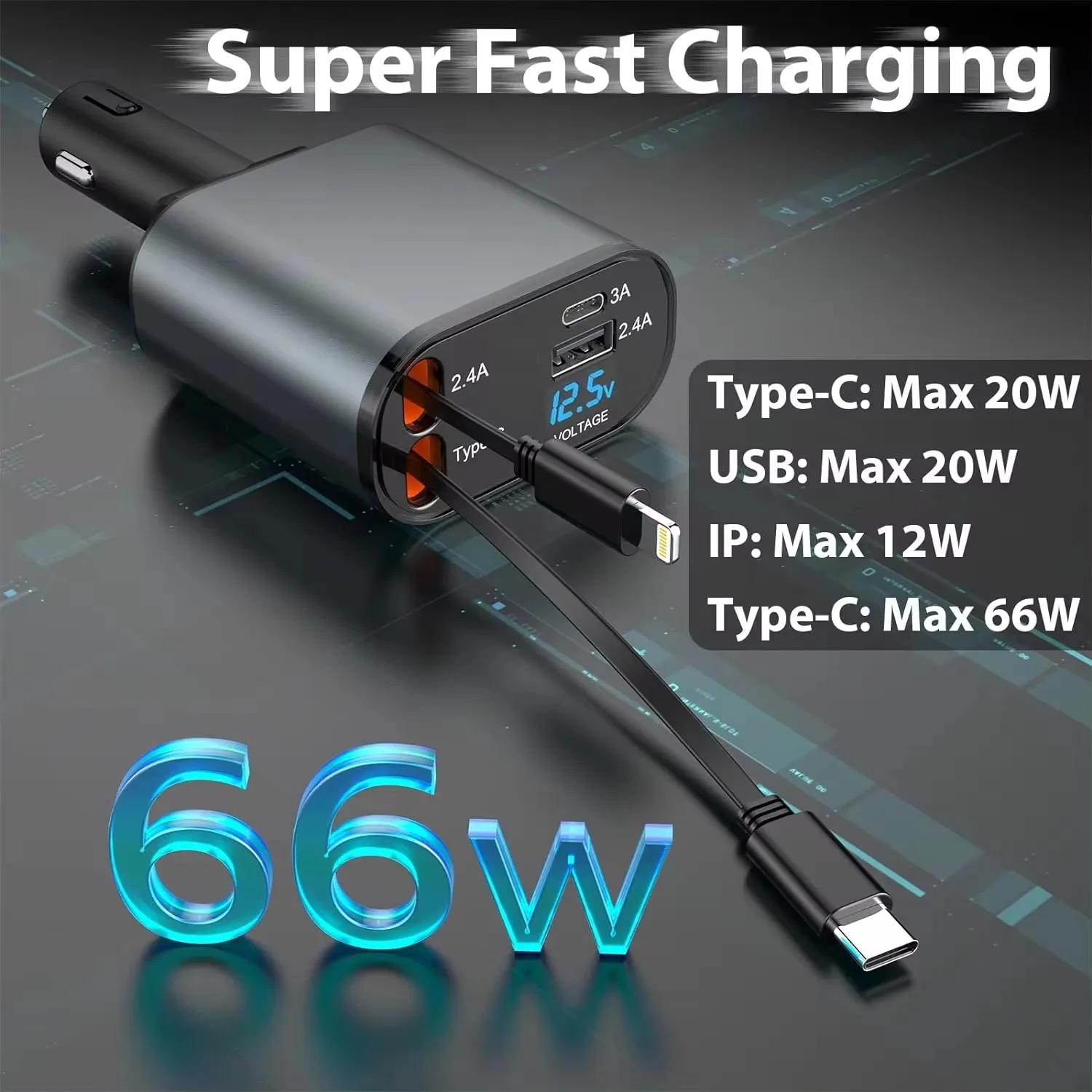 Cargador retráctil 4 en 1 para coche, dispositivo de carga rápida con cable de 2,6 pies, Compatible con iPhone 15/15 Pro Max/14/
Cargador retráctil 4 en 1 para coche, dispositivo de carga rápida con cable de 2,6 pies, Compatible con iPhone 15/15 Pro Max/14/