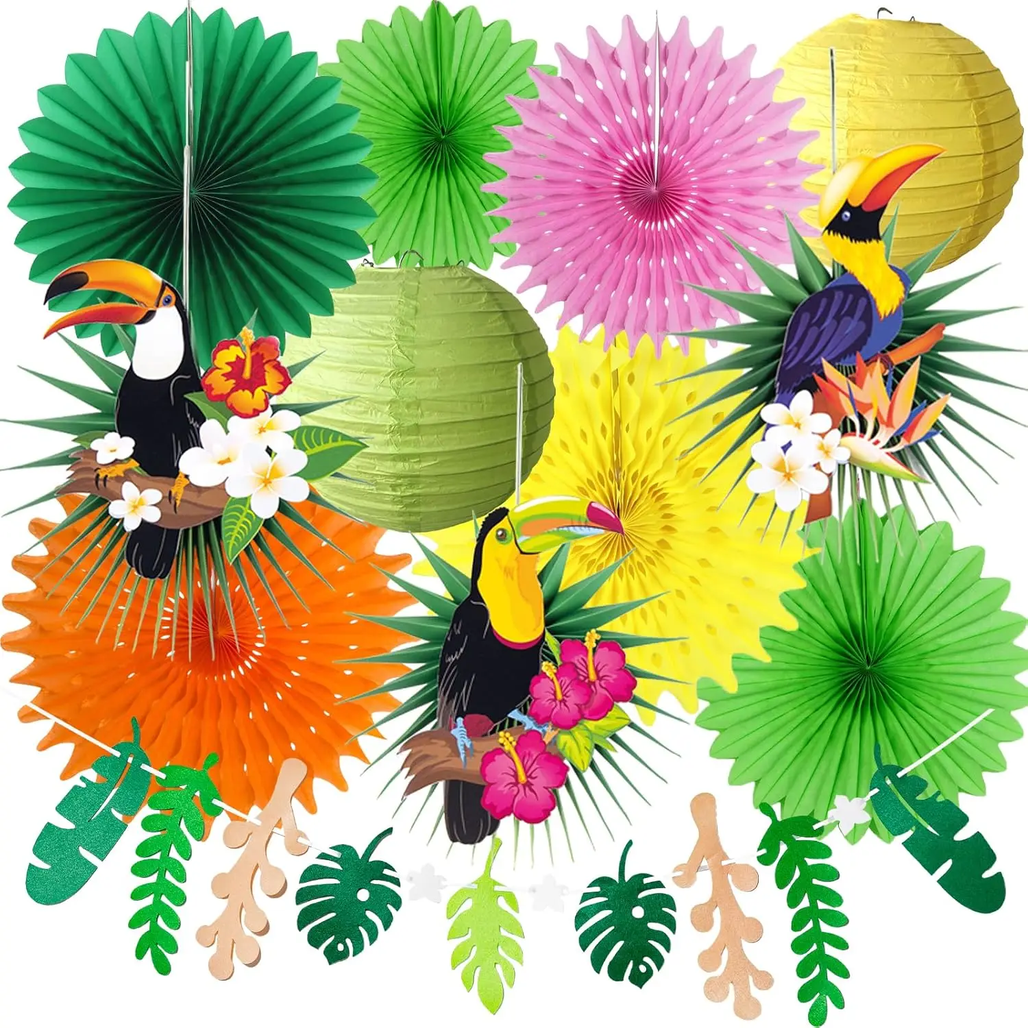 Toucan Bird Leaf Garland Party Kit for Hawaiian Luau Tropical Jungle Theme Decorations with Palm Leaves Paper Fans Lanterns
Toucan Bird Leaf Garland Party Kit for Hawaiian Luau Tropical Jungle Theme Decorations with Palm Leaves Paper Fans Lanterns