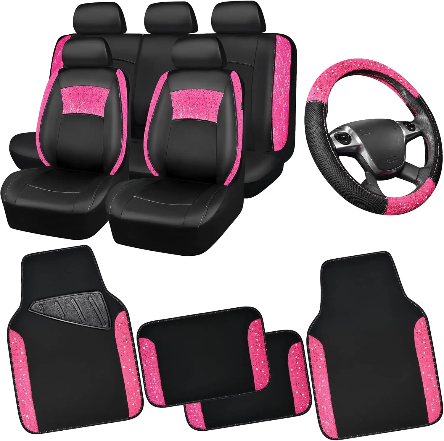 Universal Leather Pink Lace Car Seat Covers Full Set for Women Girls, Waterproof Car Floor Mats Carpet, Steering Wheel Cover
Universal Leather Pink Lace Car Seat Covers Full Set for Women Girls, Waterproof Car Floor Mats Carpet, Steering Wheel Cover