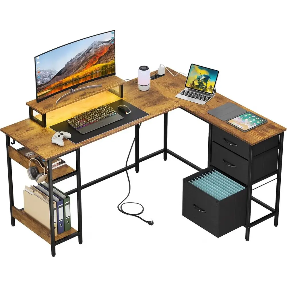 L-Shaped Desk with Drawers, Storage, Power Outlets, Monitor Stand, LED Gaming Table, Rustic Brown, 55x46
L-Shaped Desk with Drawers, Storage, Power Outlets, Monitor Stand, LED Gaming Table, Rustic Brown, 55x46